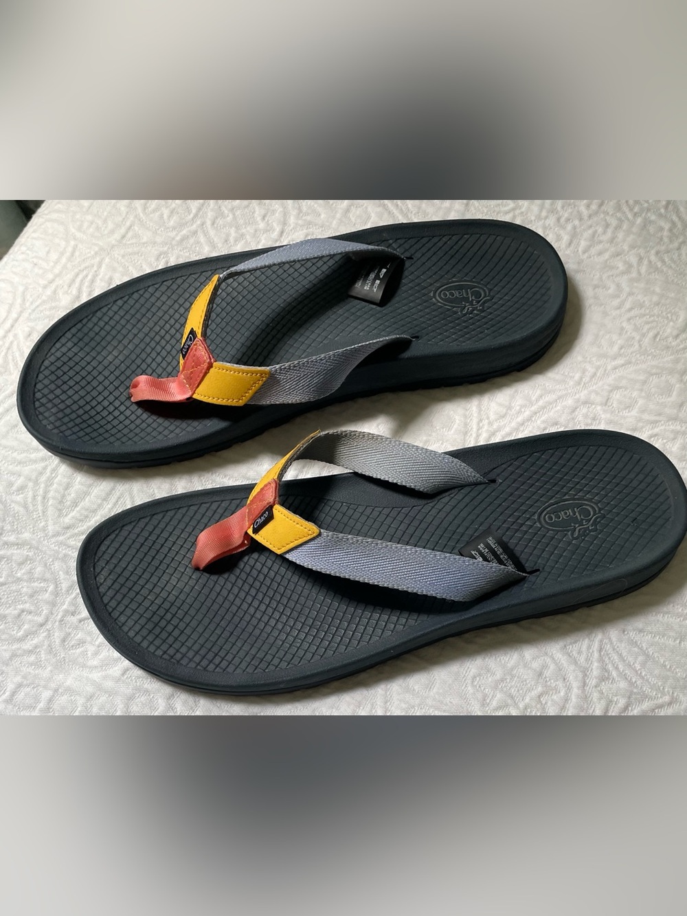 Chaco Women's Black Flip Flop Sandals with Lavender, Yellow & Red Straps